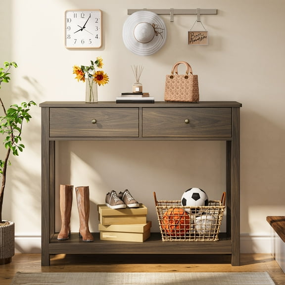 Asofer 39" Console Table with 2 Drawers, Modern Sofa Table, Narrow Wood Entryway Table for Living Room, Foyer, Retro