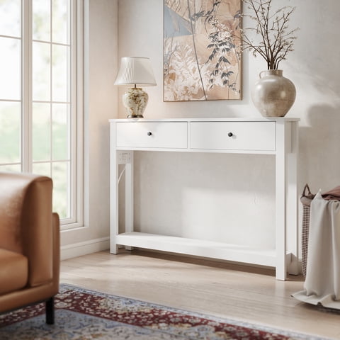 Asofer 39" Console Table with 2 Drawers & Outlets and USB Ports, Modern Sofa Table, Narrow Wood Entryway Table for Living Room, Foyer, White
