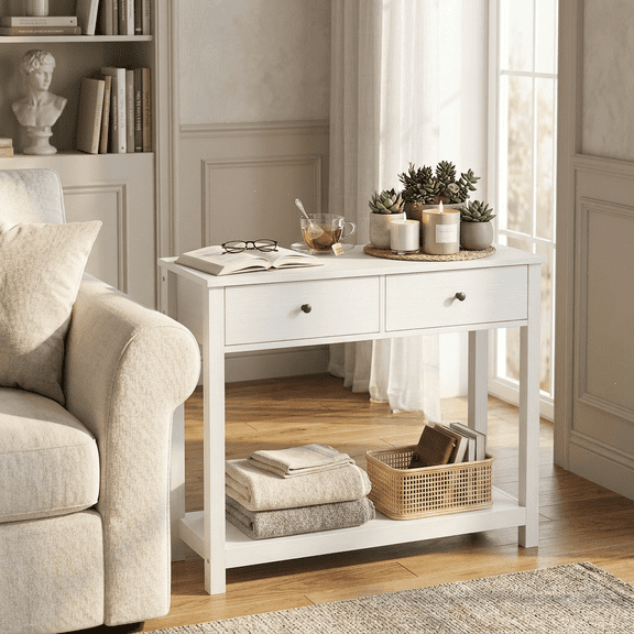 Asofer 39" Console Table with Open Storage, Long Sofa Table with 2 Drawers for Entryway, Hallway, Corridor, Front Hall, White