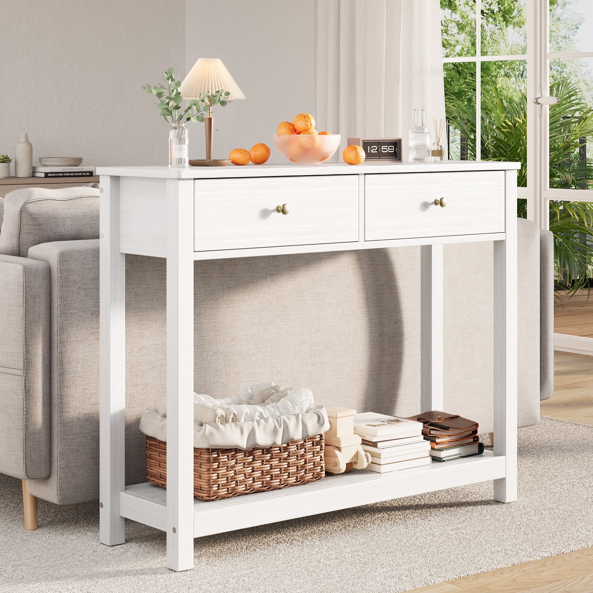 Asofer 39" Console Table with Open Storage, Long Sofa Table with 2 Drawers for Entryway, Hallway, Corridor, Front Hall, White