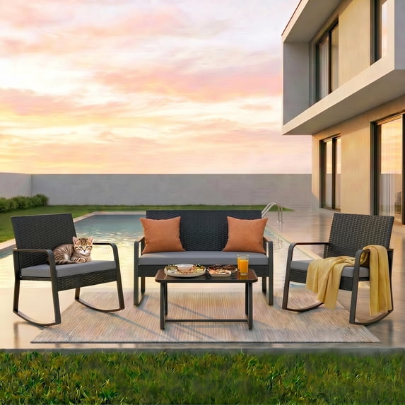 Asofer 4-PCS Outdoor Patio Furniture Set with Glass Table, 2 Wicker Rocking Chair for Backyard, Poolside, Porch