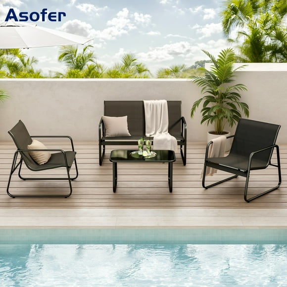 Asofer 4-PCS Outdoor Patio Furniture Set with Glass Table, Bistro Table and Chairs Set for Poolside, Porch, Lawn,Black