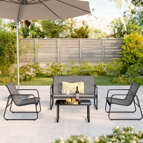 Asofer 4-Piece Outdoor Patio Furniture Set with Glass Table, Bistro Table and Chairs Set for Poolside, Porch, Lawn, Gray