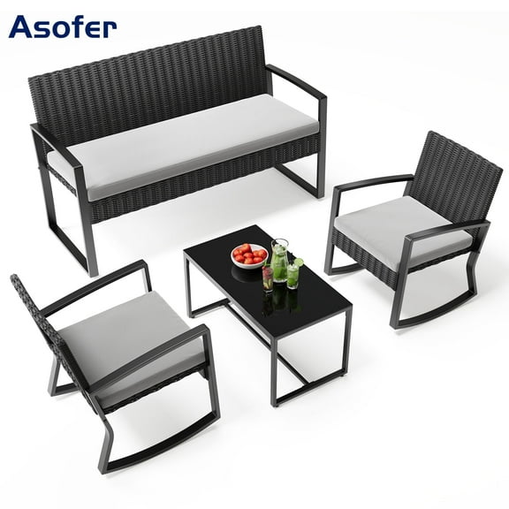 Asofer 4-PCS Outdoor Patio Furniture Set with Glass Table, Rocking Wicker Bistro Set for Backyard, Poolside, Porch, Grey