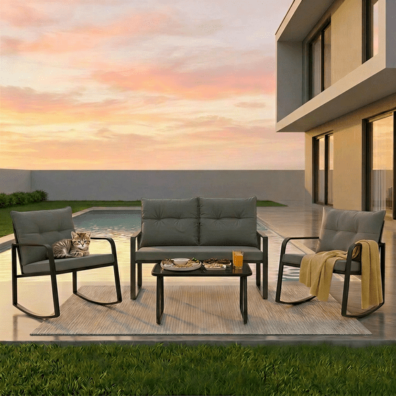 Asofer 4-PCS Outdoor Patio Furniture Set with Glass Table, Rocking Bistro Set for Backyard, Poolside, Porch, Grey