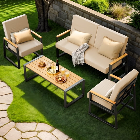 Asofer 4-PCS Patio Furniture Set, Outdoor Conversation Set for lawn, Yard, Poolside, Beige