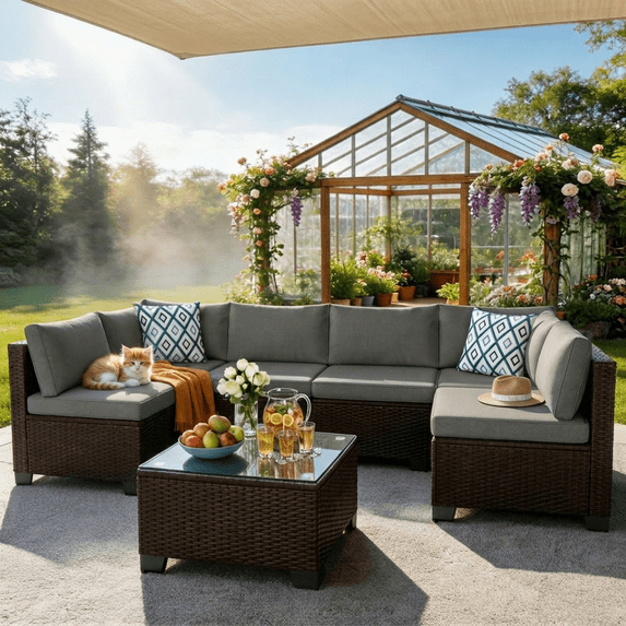 Patio Furniture Set on Sale - Includes 7 PCS Wicker Sectional sofa for Poolside, Garden, Party