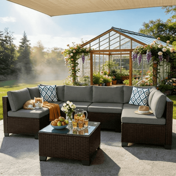 Patio Furniture Set on Sale - Includes 7 PCS Wicker Sectional sofa for Poolside, Garden, Party