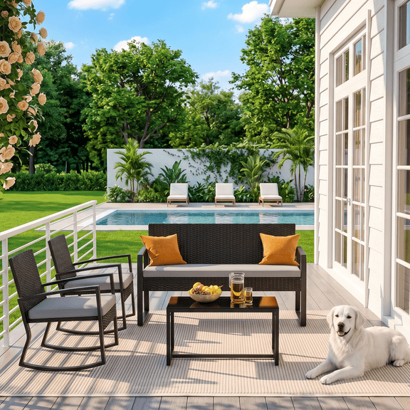 Patio Furniture Set, Asofer 4 Piece Outdoor Chairs with Soft Cushion & Anti-Scald Handle for Porch, Lawn, Yard, Poolside, Gray