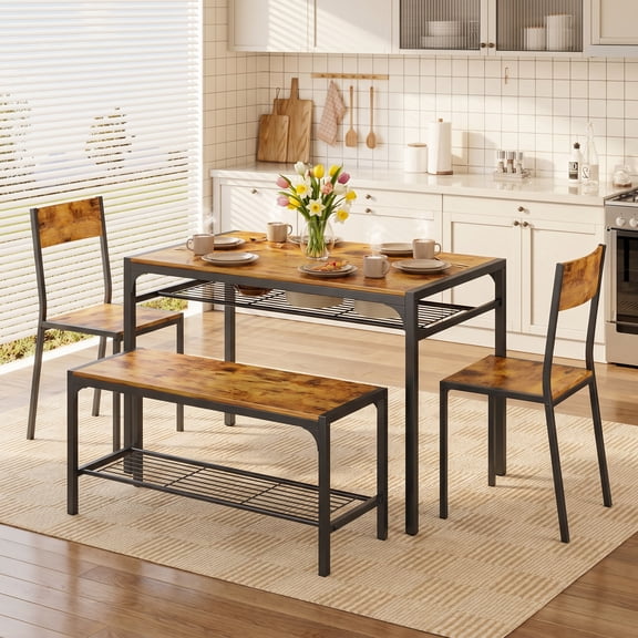 Asofer 4 Piece Dining Table Set for 4 with 2 Chairs & Bench, Kitchen Table with Storage Rack, Space Saving Dining Set for Small Space, Apartment, Retro Industrial Style