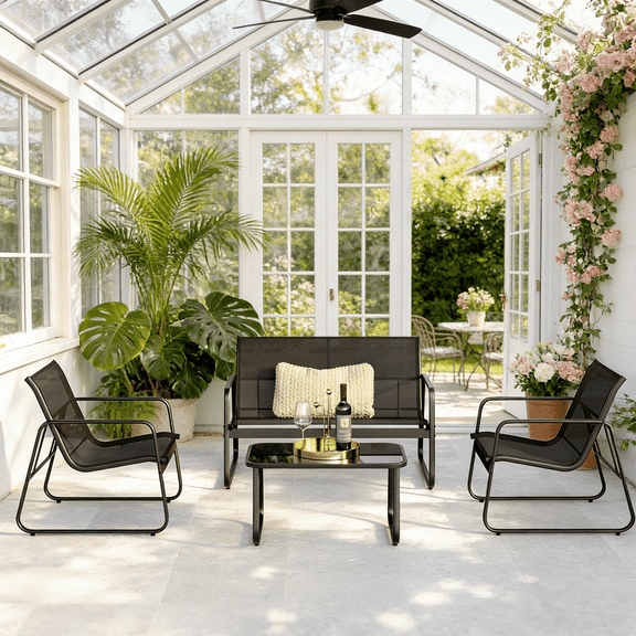 Asofer 4-Piece Outdoor Conversation Set,Patio Bistro Set with Loveseat and Glass Coffee Table for Greenhouse,Black