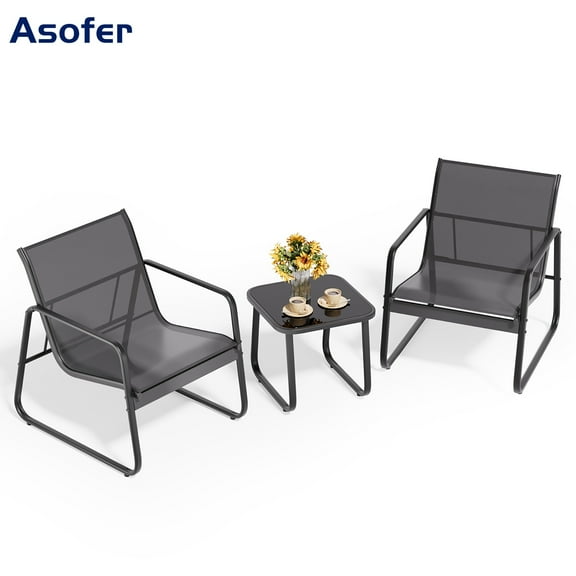Asofer 3-PCS Outdoor Patio Furniture Set with Glass Table, Bistro  Chairs Set for Poolside, Porch, Lawn, Black