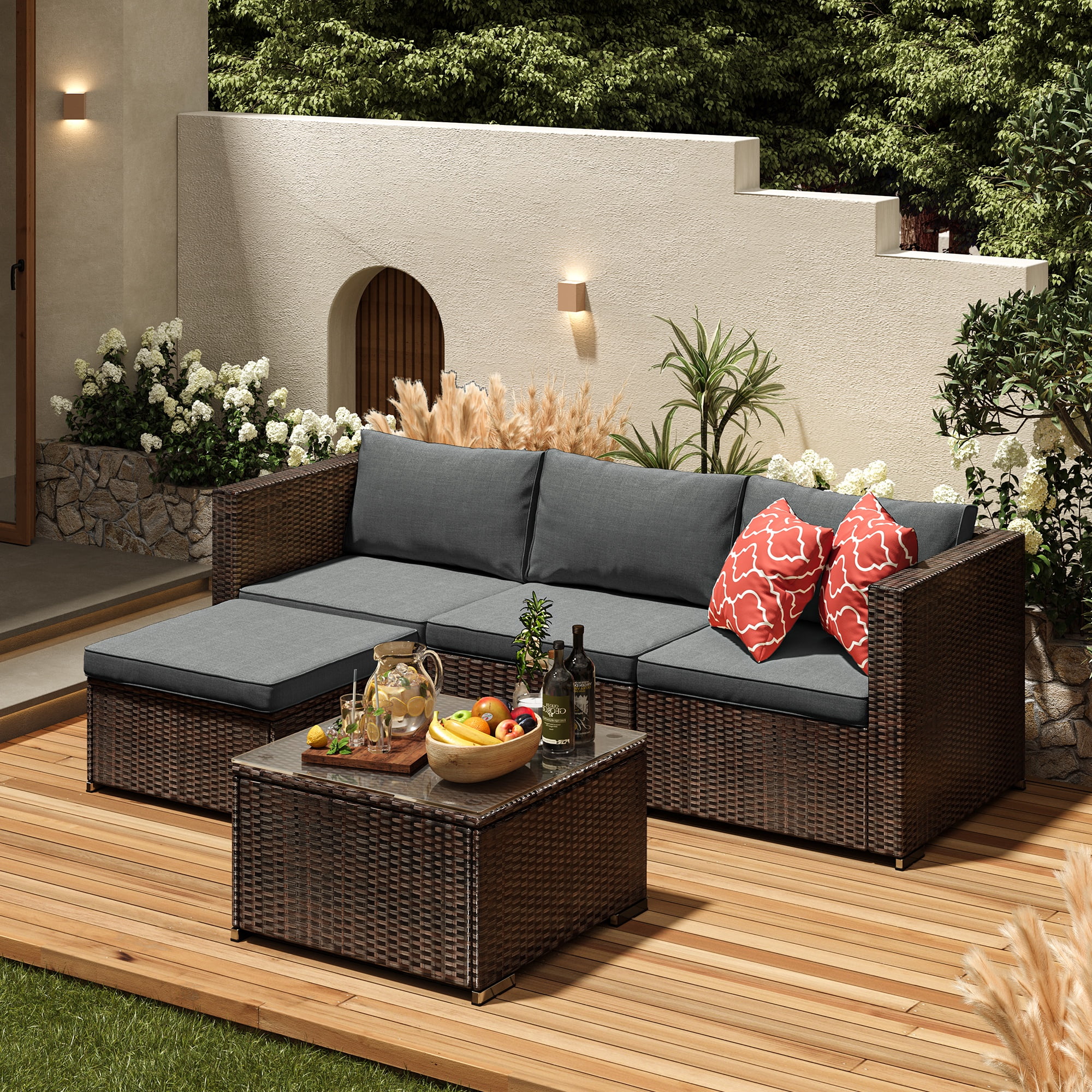 Patio Furniture Sets on Sale, Asofer 5 PCS Outdoor Conversation Sofa with Soft Cushion & Coffee Tea - Gray