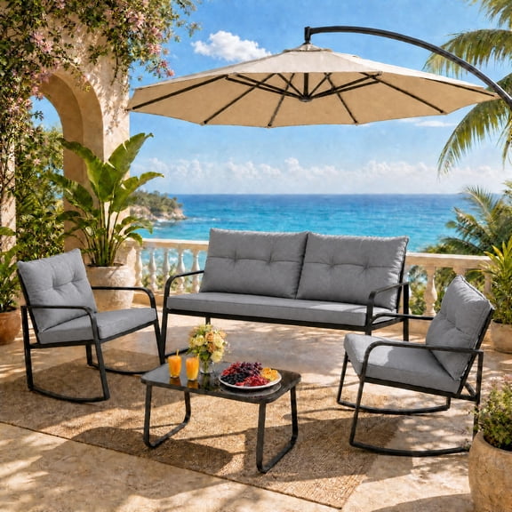 Patio Furniture Set on Sale, Asofer 4-PCS Outdoor Rocking Bistro Set with Loveseat, for Backyard, Poolside, Porch, Grey
