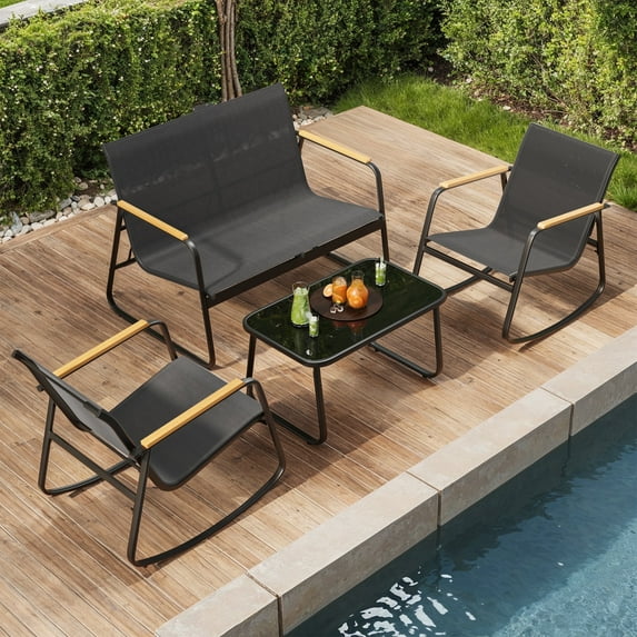 Asofer 4-Piece Patio Furniture Set, Textilene Outdoor Bistro Set with 2 Rocking Chair for Lawn, Garden, Poolside (Black)