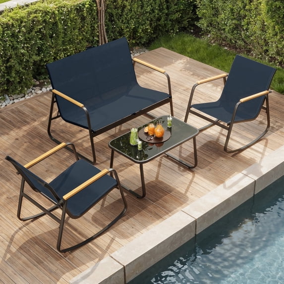 Asofer 4-Piece Patio Furniture Set, Textilene Outdoor Bistro Set with 2 Rocking Chair for Lawn, Garden, Poolside (Blue)