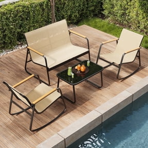Asofer 4-Piece Patio Furniture Set, Textilene Outdoor Bistro Set with 2 Rocking Chair for Lawn, Garden, Poolside (Brown)