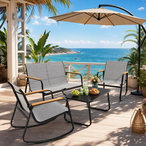 Patio Furniture Set on Sale, Asofer 4-Piece Textilene Outdoor Bistro Set with 2 Rocking Chair for Lawn, Garden, Poolside (Grey)