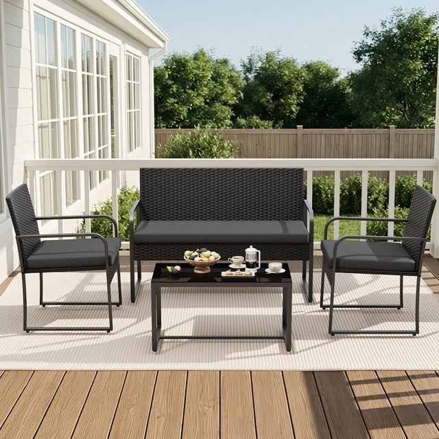 Asofer 4 Pieces Patio Furniture Set, All-Weather Outdoor Rattan Conversation Set with Glass Table for Lawn, Porch, Black