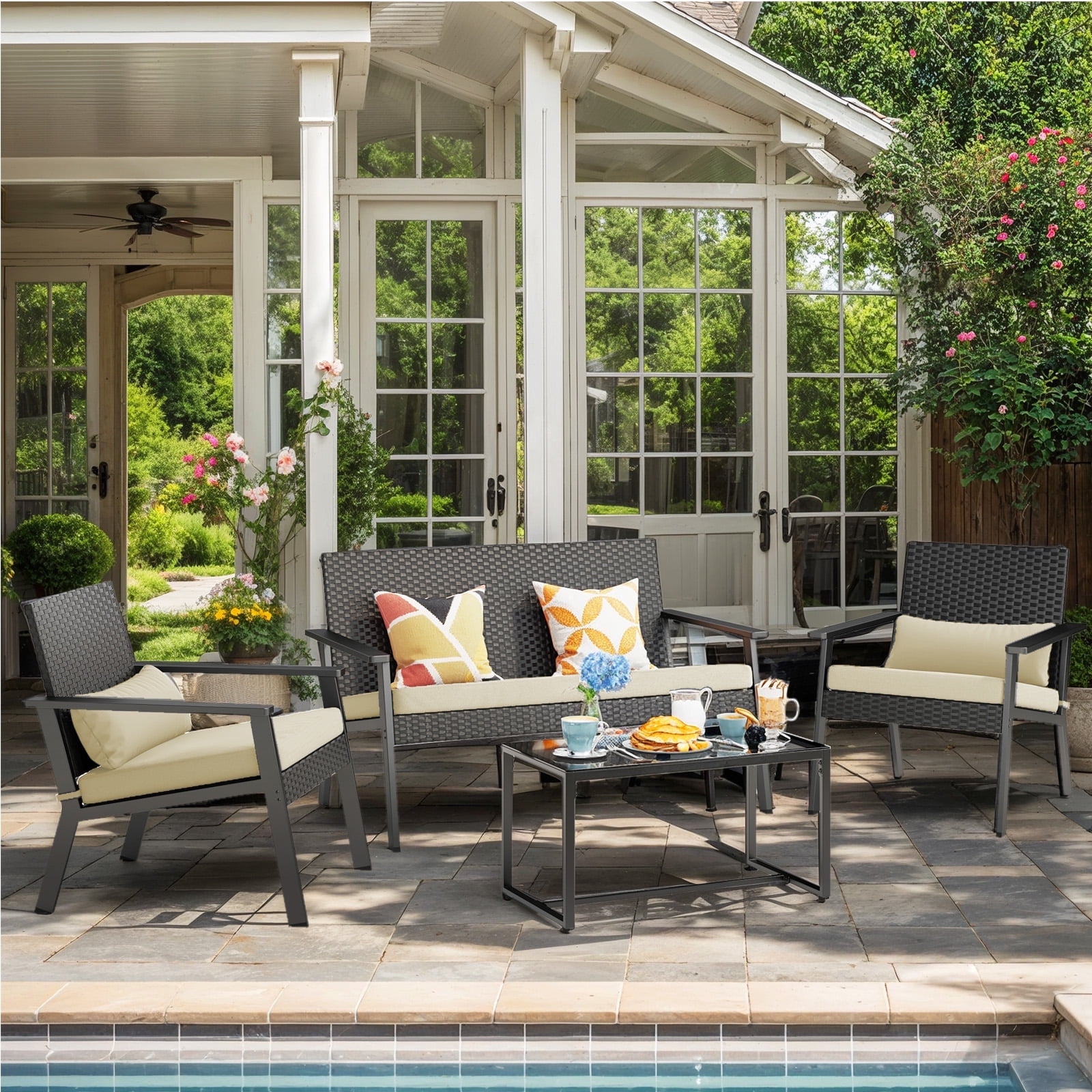 Asofer 4-Pieces Patio Furniture Set with Tempered Glass Table，Outdoor Wicker Conversation Sets for Backyard,Balcony, Porch & Poolside,Beige