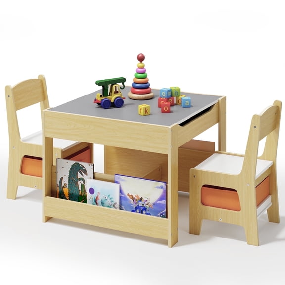 Asofer 4-in-1 Kids Table and Chair Set, Bookshelves and Storage Drawer for Drawing Playing Studying Eating, Natural