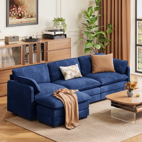 Asofer L Shaped Sofa Couch, Modular Comfy Chenille Deep Seat Sofa with Movable Ottoman for Living Room, Apartment, Blue