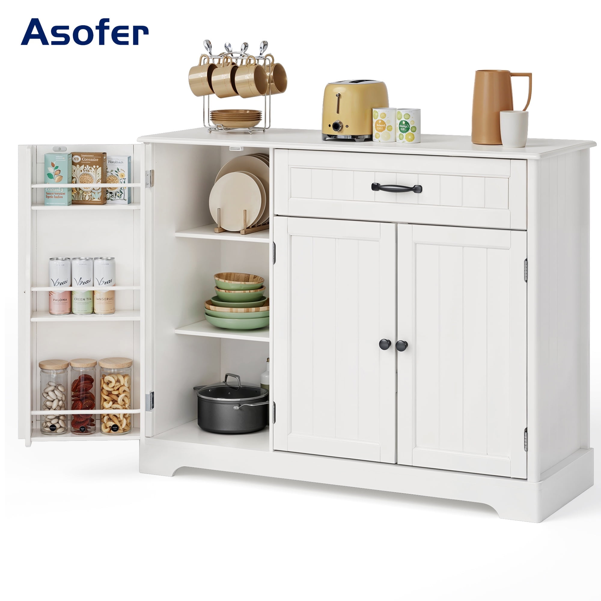 Asofer 42" Kitchen Pantry Cabinet with 3 Doors and 1 Drawer, Sideboard Buffet with 6 Shelves, Coffee Bar, White