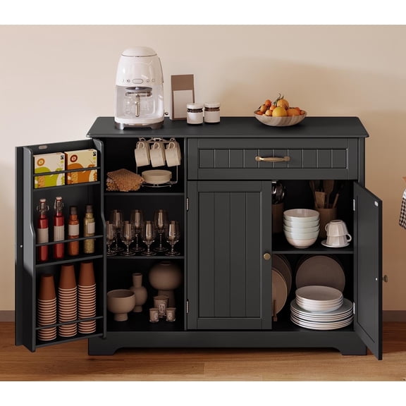 Asofer 42" Kitchen Pantry Storage Cabinet with Guardrail Space, Sideboard Buffet with 3 Doors & 1 Drawer,Black