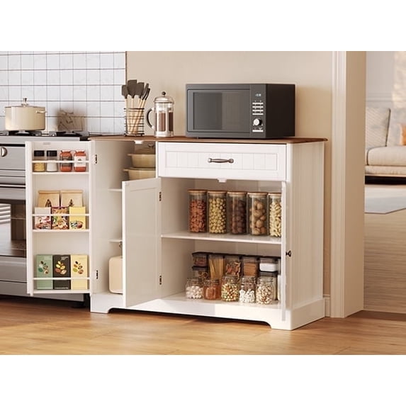 Asofer 42" Kitchen Pantry Storage Cabinet with Guardrail Space, Sideboard Buffet with 3 Doors & 1 Drawer, Retro