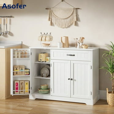 Asofer 42" Kitchen Storage Cabinet, Sideboard Buffet with 3 Doors & 1 Drawer & 8 Shelves, White