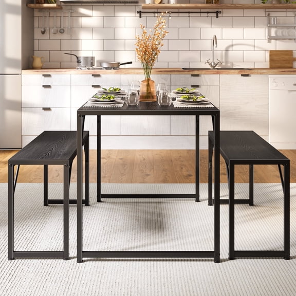 Asofer 45.5" Small Kitchen Dining Table Set with 2 Benches, Multi-Use as Coffee Table/Shoe Bench, Grey