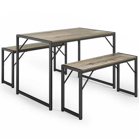 Asofer 45.5" Small Kitchen Dining Table Set with 2 Benches, Multi-Use as Coffee Table/Shoe Bench, Grey