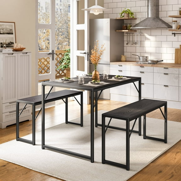 Asofer 45.5" Small Kitchen Dining Table Set with 2 Benches, Multi-Use as Coffee Table/Shoe Bench, Grey