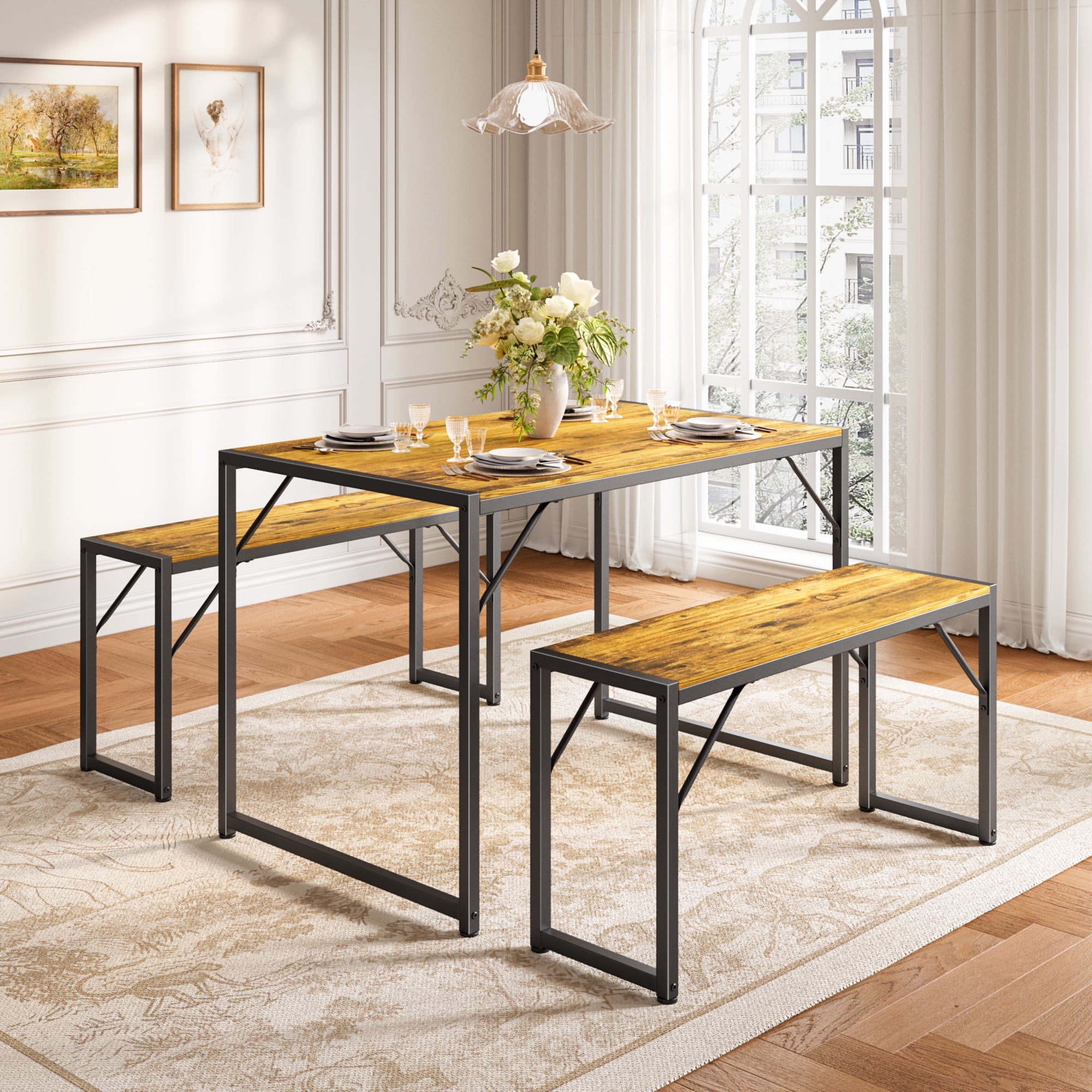 Asofer 45.5" Small Kitchen Dining Table Set with 2 Benches, Multi-Use as Coffee Table/Shoe Bench, Grey