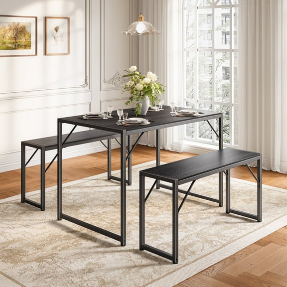 Asofer 45.5" Small Kitchen Table with 2 Bench, Dining Room Table Set, Coffee Table, Shoe Bench, Black