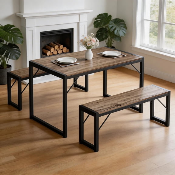 Asofer 45.5"Dining Table Set for 4 with 2 Benches, Space-Saving Kitchen Table for Dinette Apartment , Grey