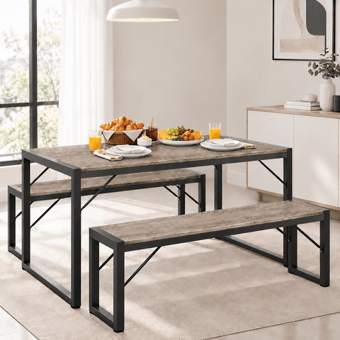 Asofer Dining Table Set for 4, Kitchen Table Set with 2 Benches, Small Dinette Set for Apartment, Gray