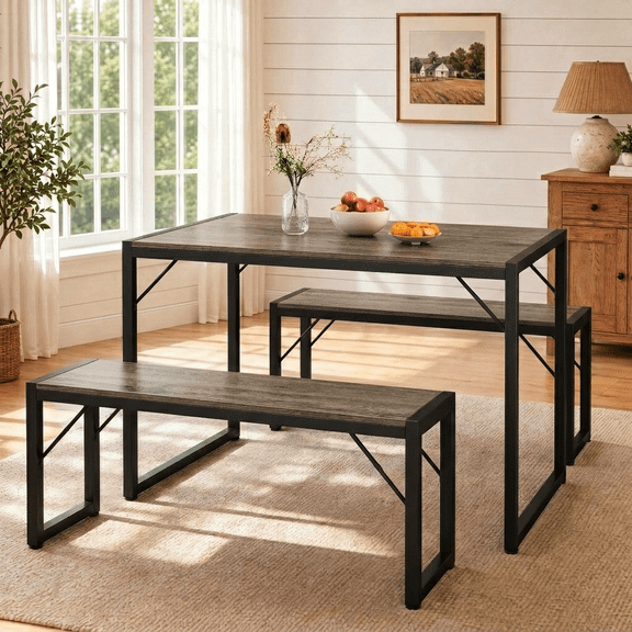 Asofer 45.5 in Dining Table Set for 4 with 2 Benches,Kitchen Table and Bench Set for Small Spaces,Dinette Set for Apartment,Grey