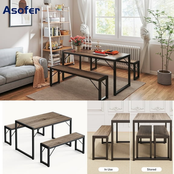 Asofer 45.5" Small Kitchen Table with 2 Bench, Dining Room Table Set, Coffee Table, Shoe Bench, Grey