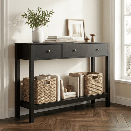 Asofer 3-Drawer Sofa Table, Modern Console with 2-Tier Open Shelf & Metal Round Handles, Large Storage for Entryway, Black