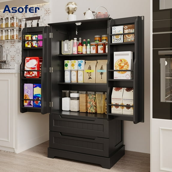 Asofer 47" Kitchen Pantry Storage Cabinet, Wood Buffet Cabinet with 2 Doors, 8 Shelves & 2 Drawers, Black