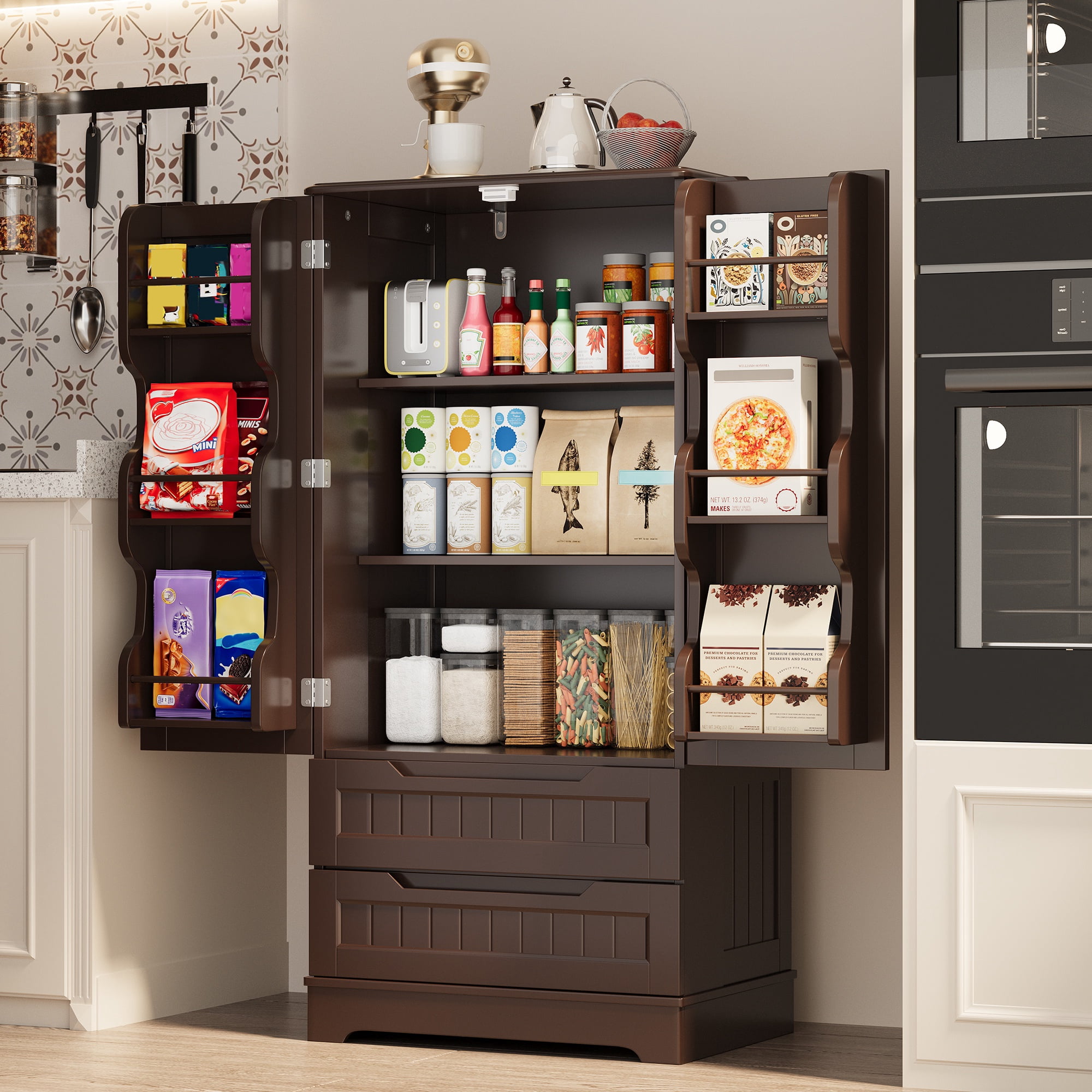 Asofer 47" Kitchen Pantry Storage Cabinet, Wood Buffet Cabinet with 2 Doors, 8 Shelves & 2 Drawers, Dark Brown