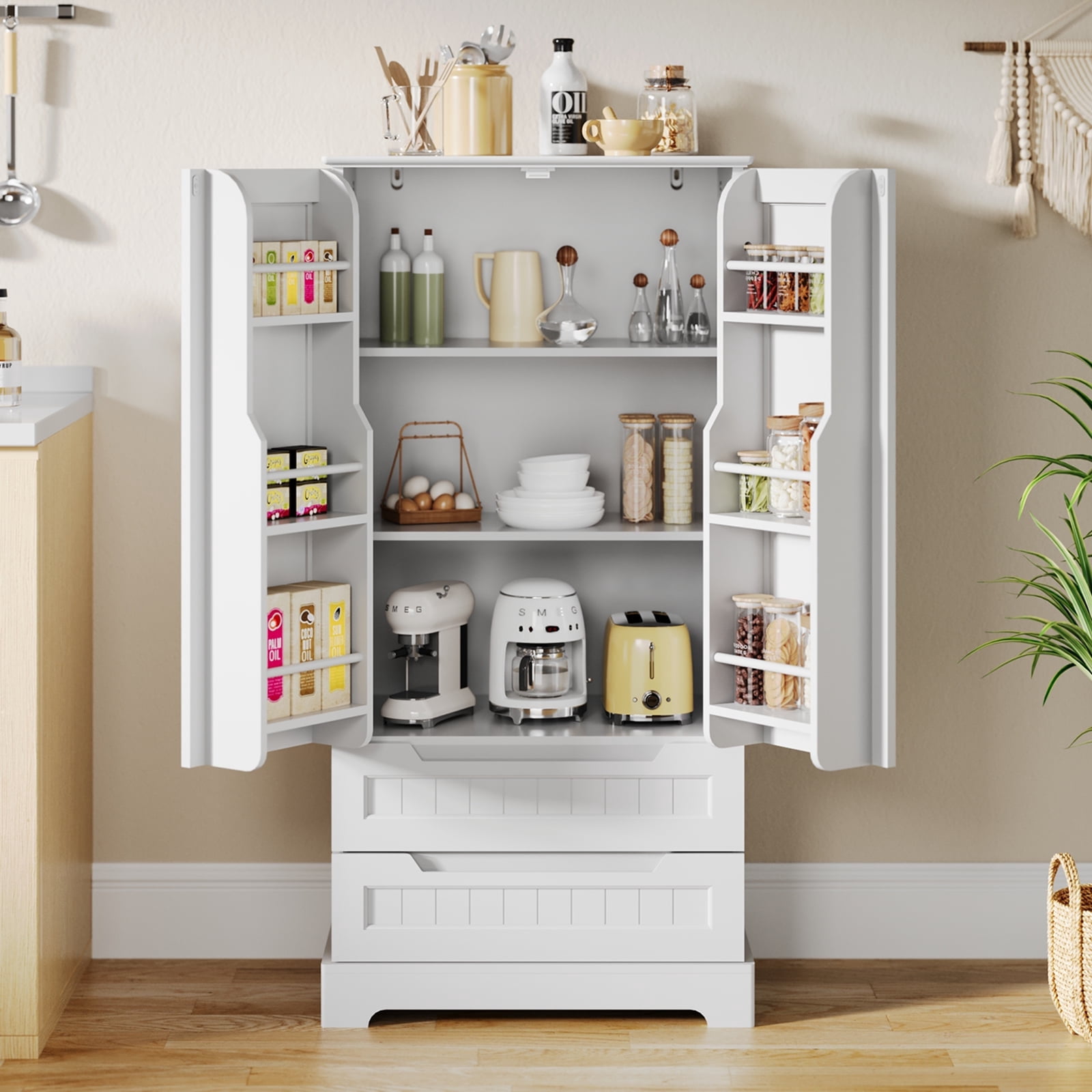 Asofer 47" Modern White Wooden Free-Standing Kitchen Storage Cabinet ...