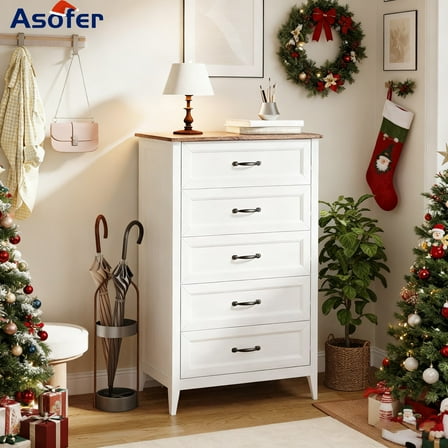 Asofer 5-Drawer White Dresser Cabinet with Metal Handle, Sturdy Wood Chest for Bedroom, Living Room