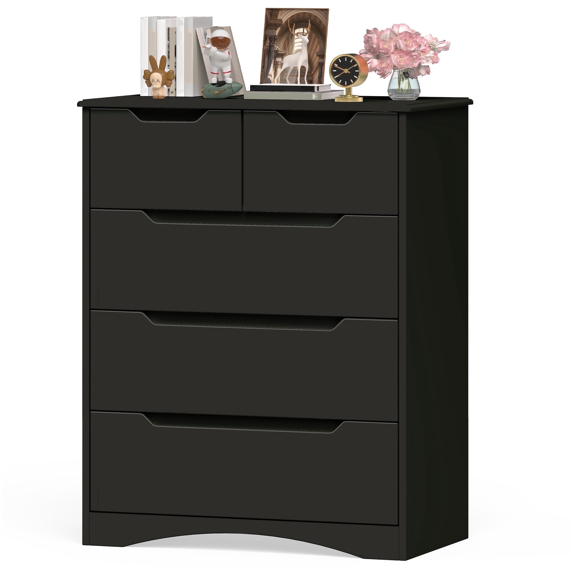 Asofer 5 Drawers Dresser, Bedroom Chest of Drawers, Sturdy Wood Dresser Organizer Cabinet, Easy Assembly, Black