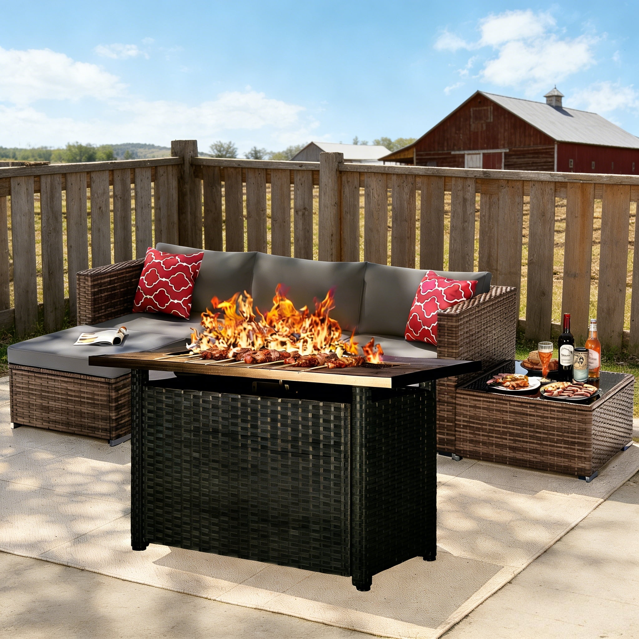Asofer 5 PCS Outdoor Sectional Sofa Set PE Wicker Rattan Patio Furniture Set with a Fire Pit & a Glass Coffee Table for Backyard Porch Poolside Patio,Gray