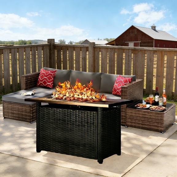 Asofer 5 PCS Outdoor Sectional Sofa Set PE Wicker Rattan Patio Furniture Set with a Fire Pit & a Glass Coffee Table for Backyard Porch Poolside Patio,Gray