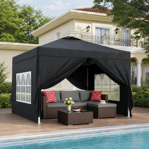Asofer 5 PCS Outdoor Sectional Sofa Set PE Wicker Rattan Patio Furniture Set with a Gazebo & a Glass Coffee Table for Backyard Porch Poolside Patio,Gray