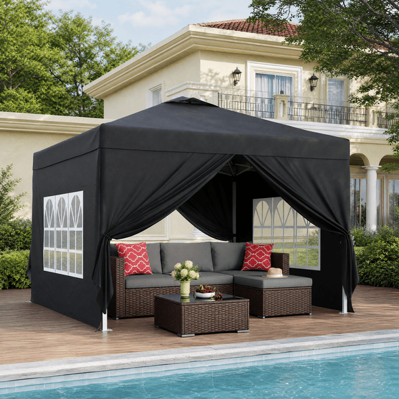 Asofer 5 PCS Outdoor Sectional Sofa Set PE Wicker Rattan Patio Furniture Set with a Gazebo & a Glass Coffee Table for Backyard Porch Poolside Patio,Gray