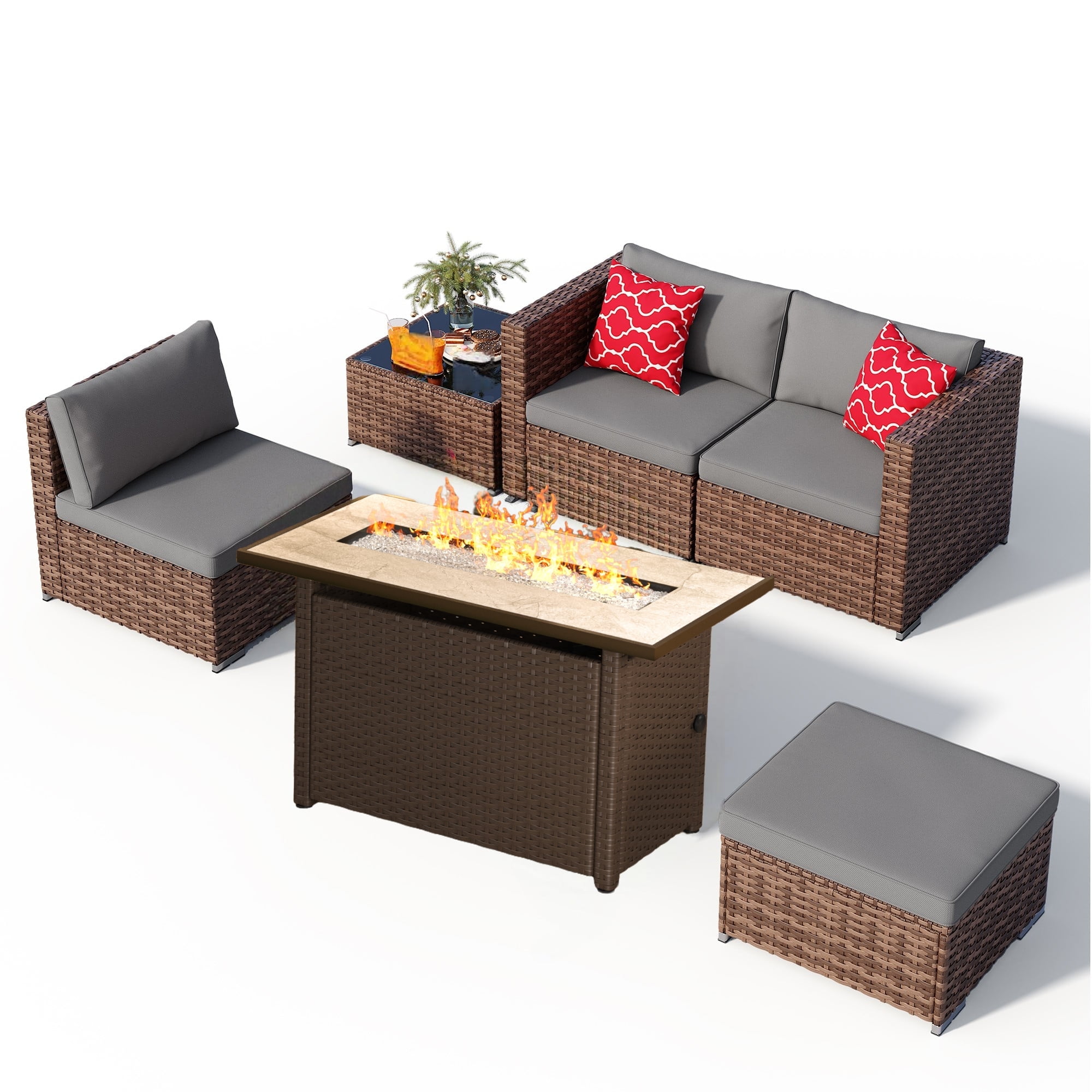 Patio Furniture Set on Sale Asofer 5 PCS Outdoor Sectional Furniture Sofa Set with Cushion Glass Table Gray